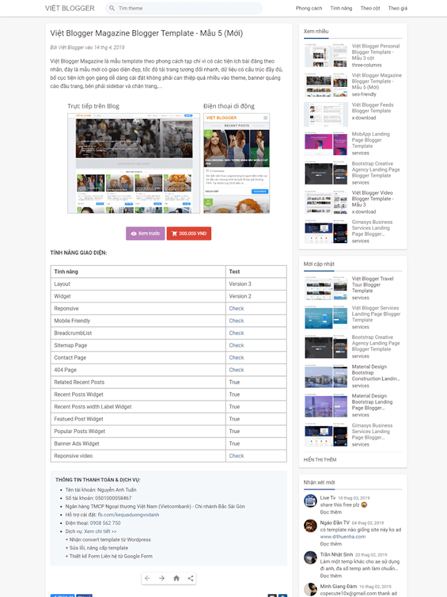 Giao diện bán theme bằng Blogspot